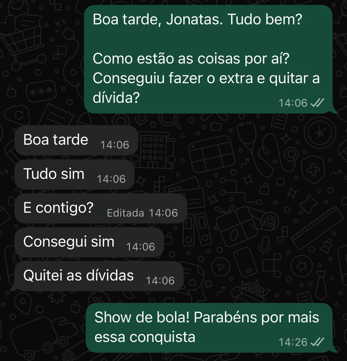 Acompanhamento do consultor com Jonatas e conquista de quitação de dívidas